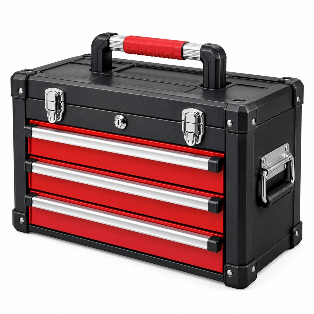 Coffre à outils 50 x 25 x 35 cm en plastique et métal noir rouge à 4 tiroirs portable - Trandorix