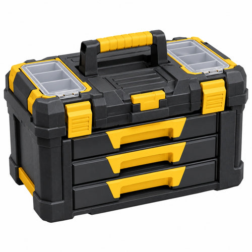 Boîte à outils 50 x 30 x 35 cm en plastique noir et jaune avec 3 tiroirs - Trandorix