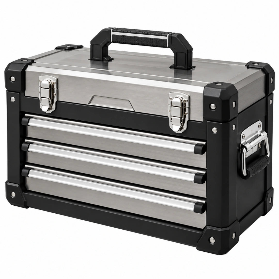 Coffre à outils 50 x 25 x 35 cm en aluminium argenté et noir avec tiroirs portable - Trandorix