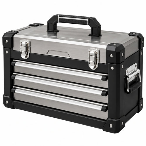Coffre à outils 50 x 25 x 35 cm en aluminium argenté et noir avec tiroirs portable - Trandorix