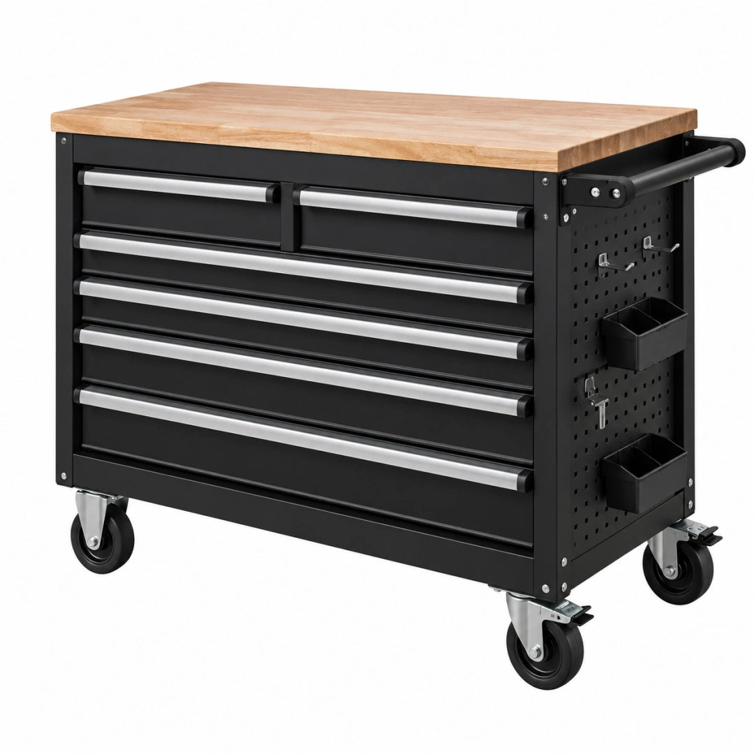 Servante d'atelier 112 x 46 x 97 cm en acier noir avec plateau en bois mobile - Trandorix
