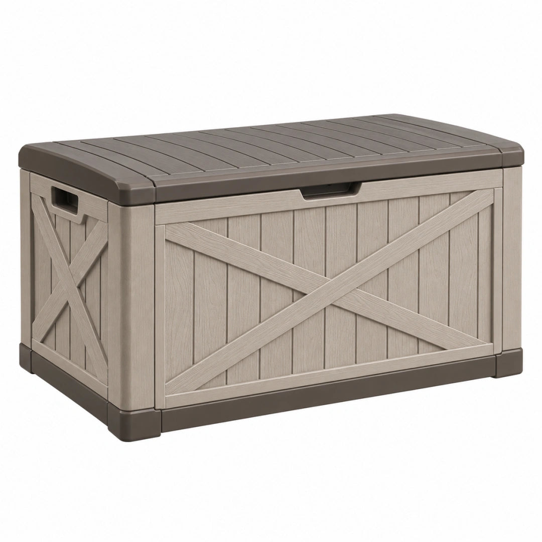 Coffre de rangement extérieur 116 x 58 x 64 cm en plastique beige et marron style rustique - Trandorix