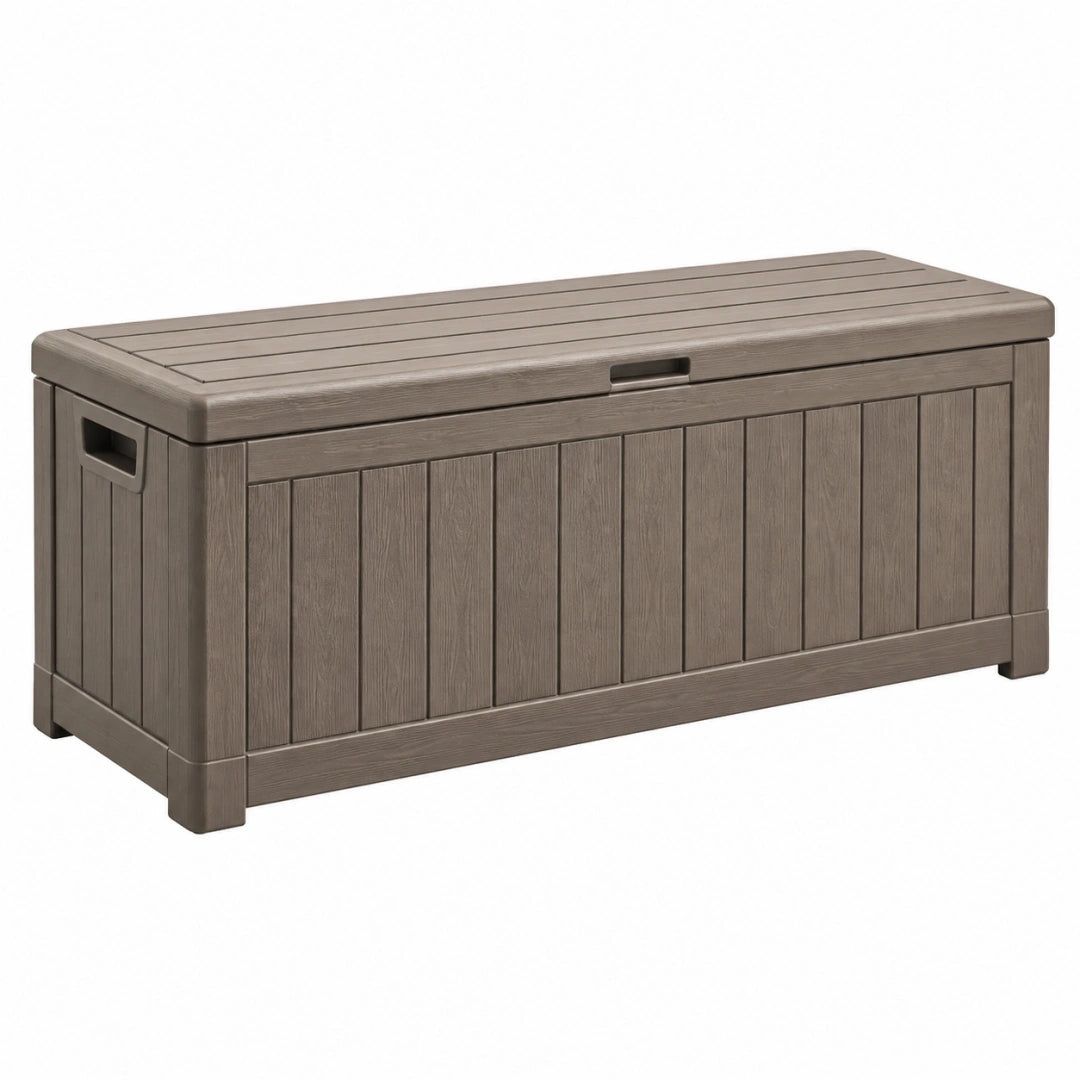 Coffre de rangement extérieur 120 x 56 x 63 cm en résine taupe effet bois avec couvercle - Trandorix