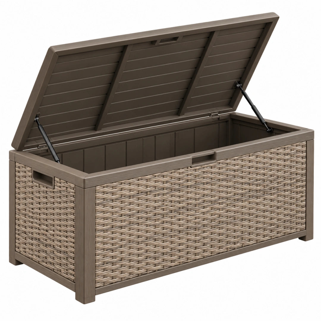 Coffre de rangement extérieur 120 x 56 x 63 cm en plastique brun tressé avec couvercle à vérins - Trandorix