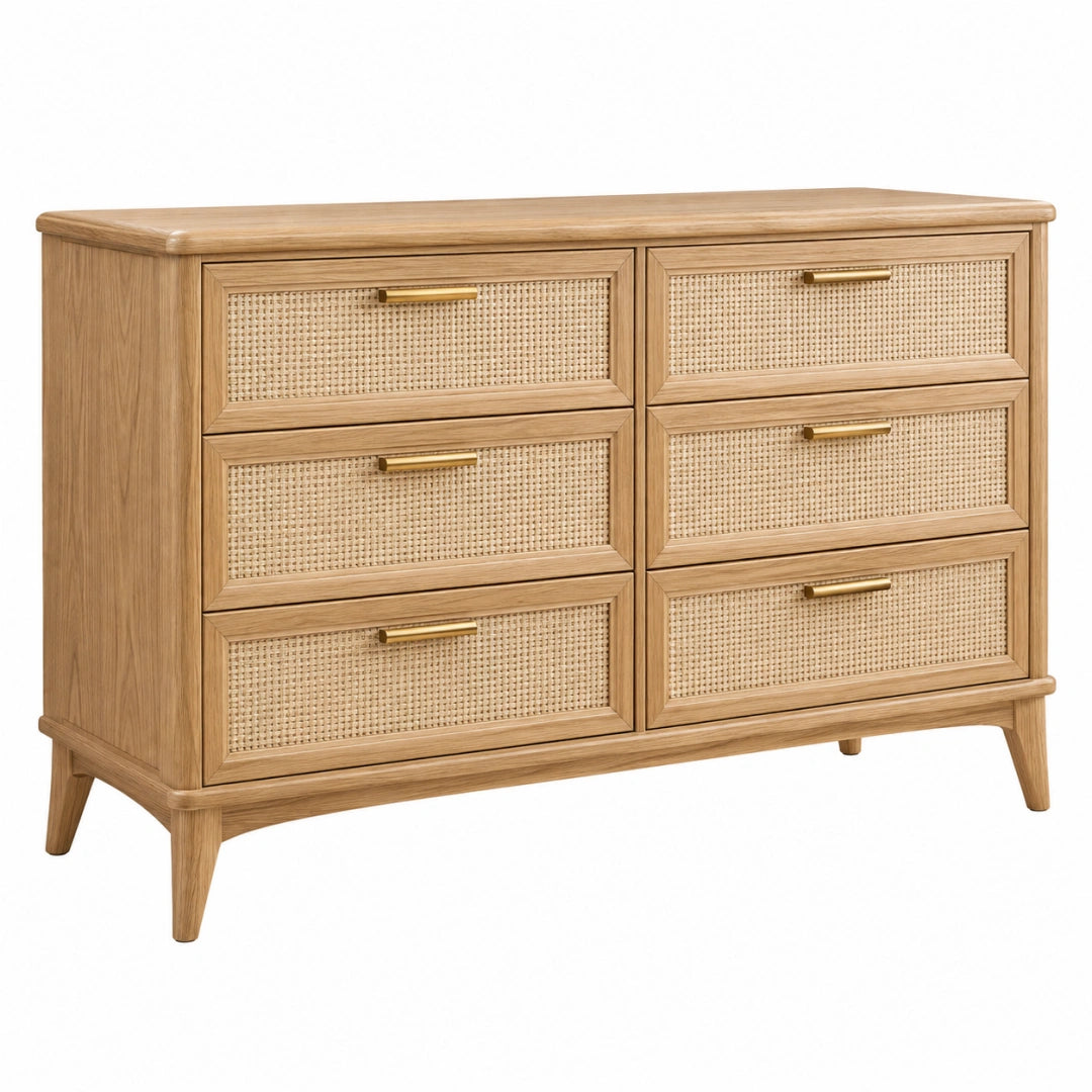 Commode 140 x 45 x 90 cm en bois naturel et cannage à 6 tiroirs style rétro - Trandorix