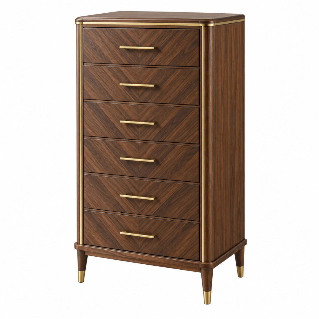 Commode 80 x 45 x 140 cm en bois brun noyer à 6 tiroirs style classique - Trandorix