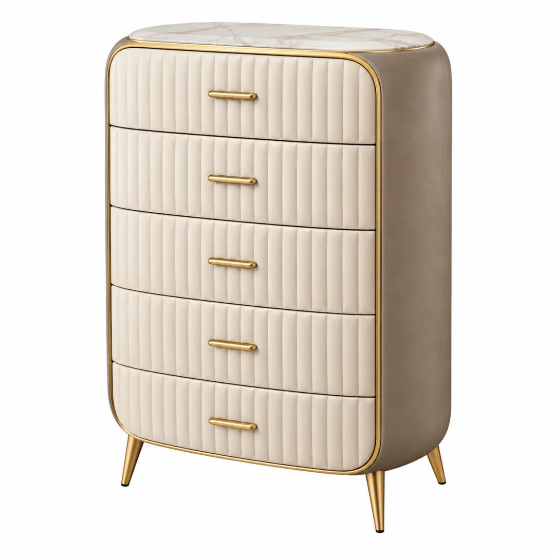 Commode 80 x 45 x 120 cm en similicuir crème avec 5 tiroirs style contemporain - Trandorix