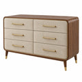 Commode 140 x 45 x 80 cm en bois brun et tissu beige à 6 tiroirs style contemporain - Trandorix