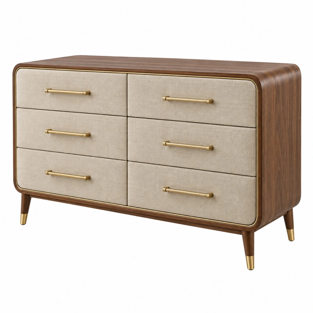 Commode 140 x 45 x 80 cm en bois brun et tissu beige à 6 tiroirs style contemporain - Trandorix
