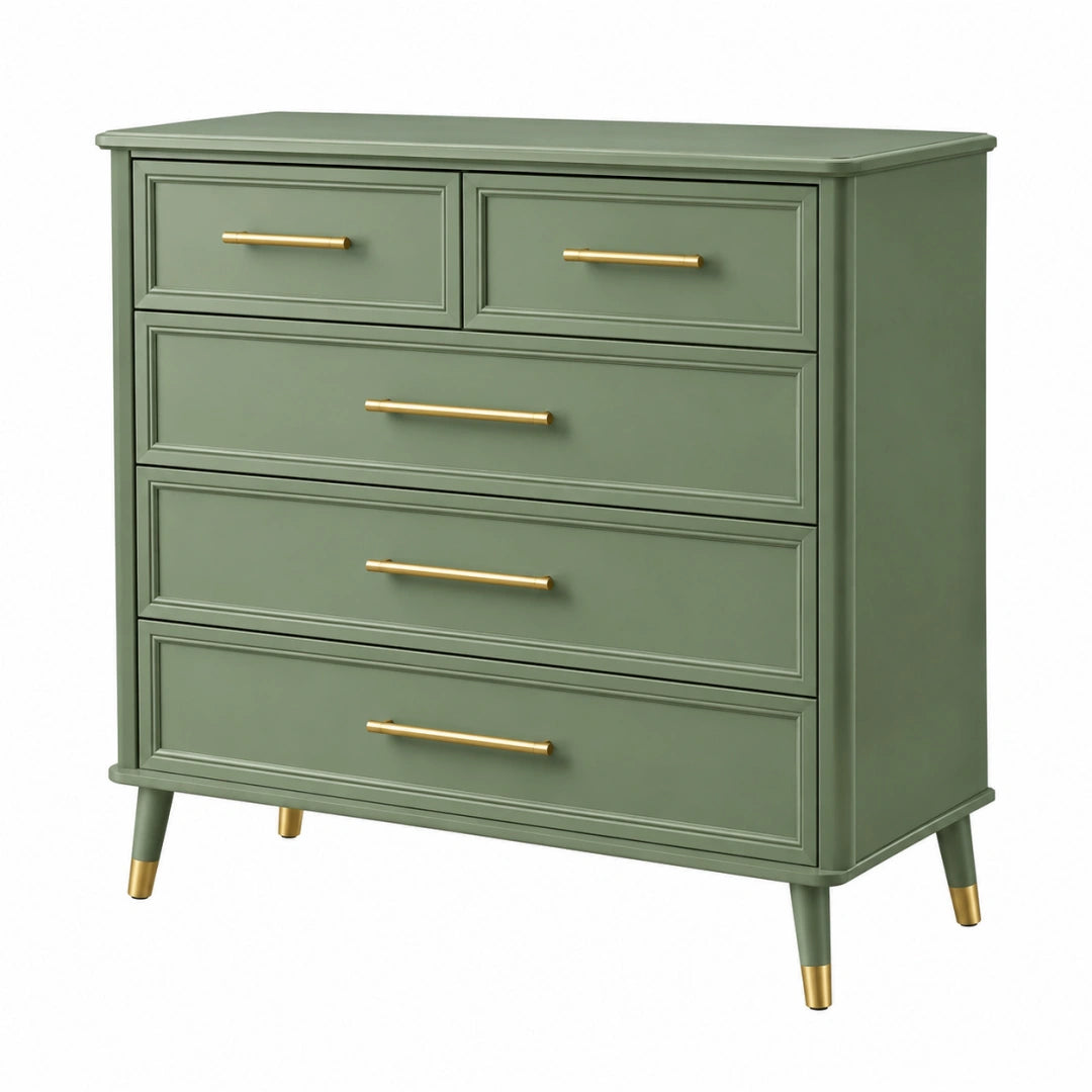 Commode 100 x 45 x 100 cm en bois vert sauge - 5 tiroirs style rétro - Trandorix