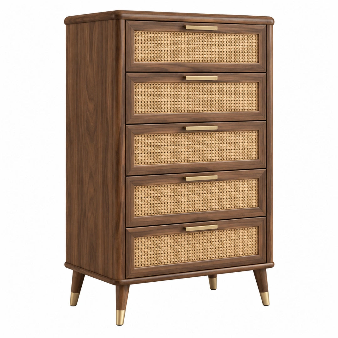 Commode 80 x 40 x 130 cm en bois brun avec cannage 5 tiroirs style rétro - Trandorix