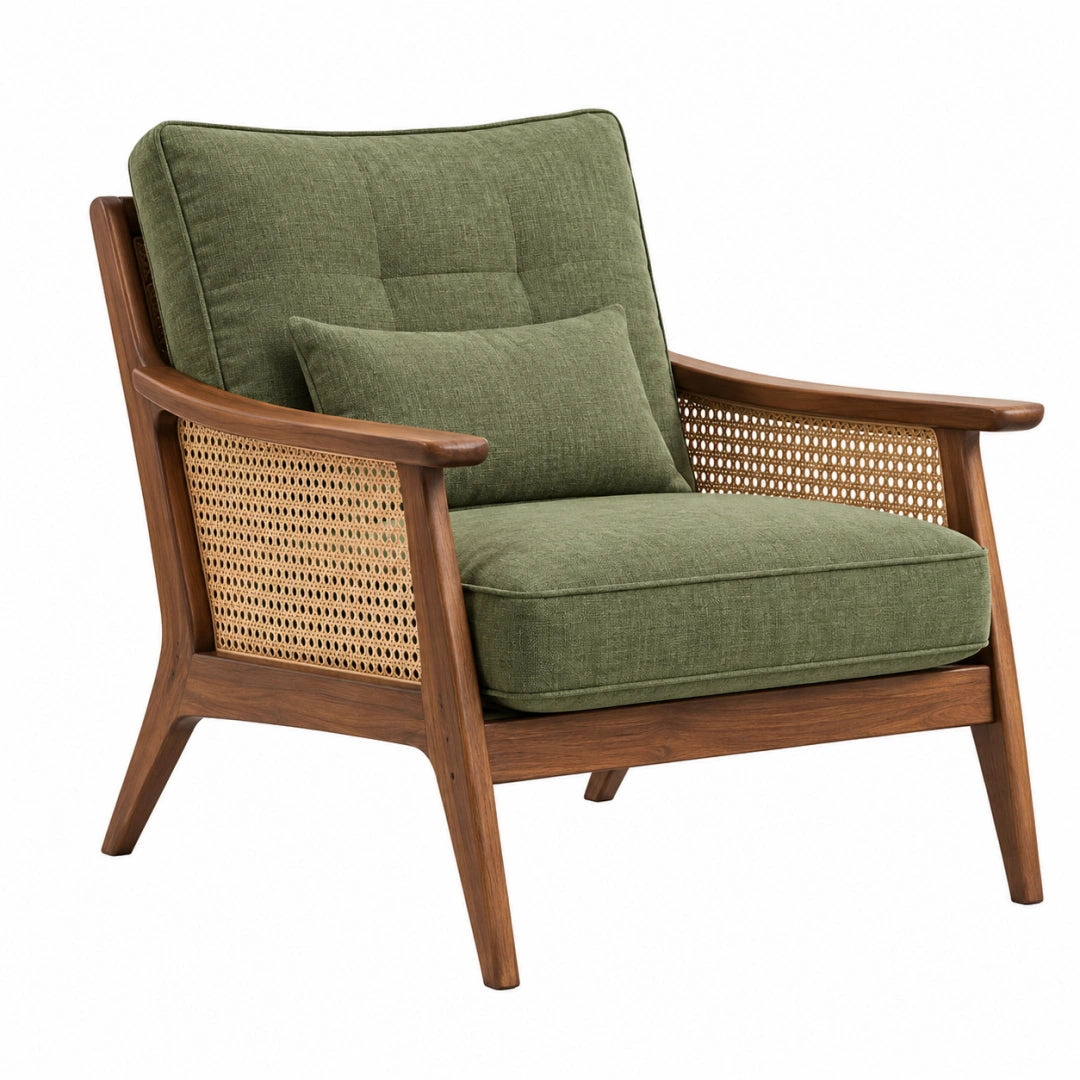 Fauteuil de salon 78 x 82 x 86 cm en bois et cannage vert style rétro - Trandorix