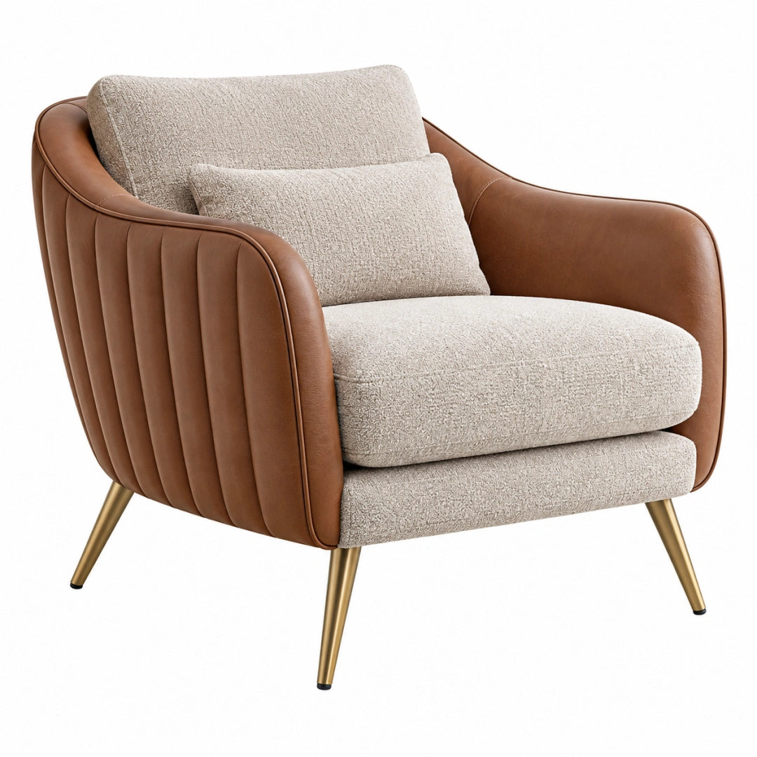 Fauteuil 84 x 80 x 85 cm en tissu bouclé beige et effet cuir brun style contemporain - Trandorix