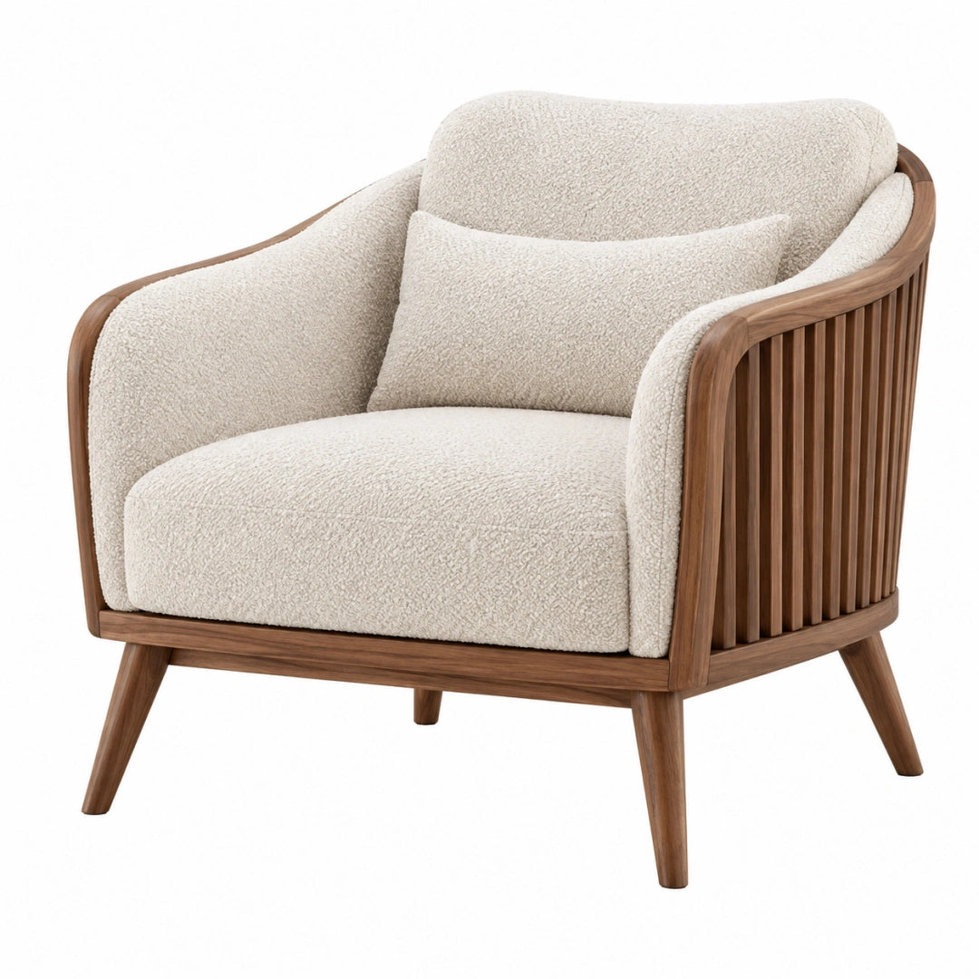 Fauteuil 82 x 78 x 80 cm en tissu bouclette beige et bois brun - style contemporain - Trandorix