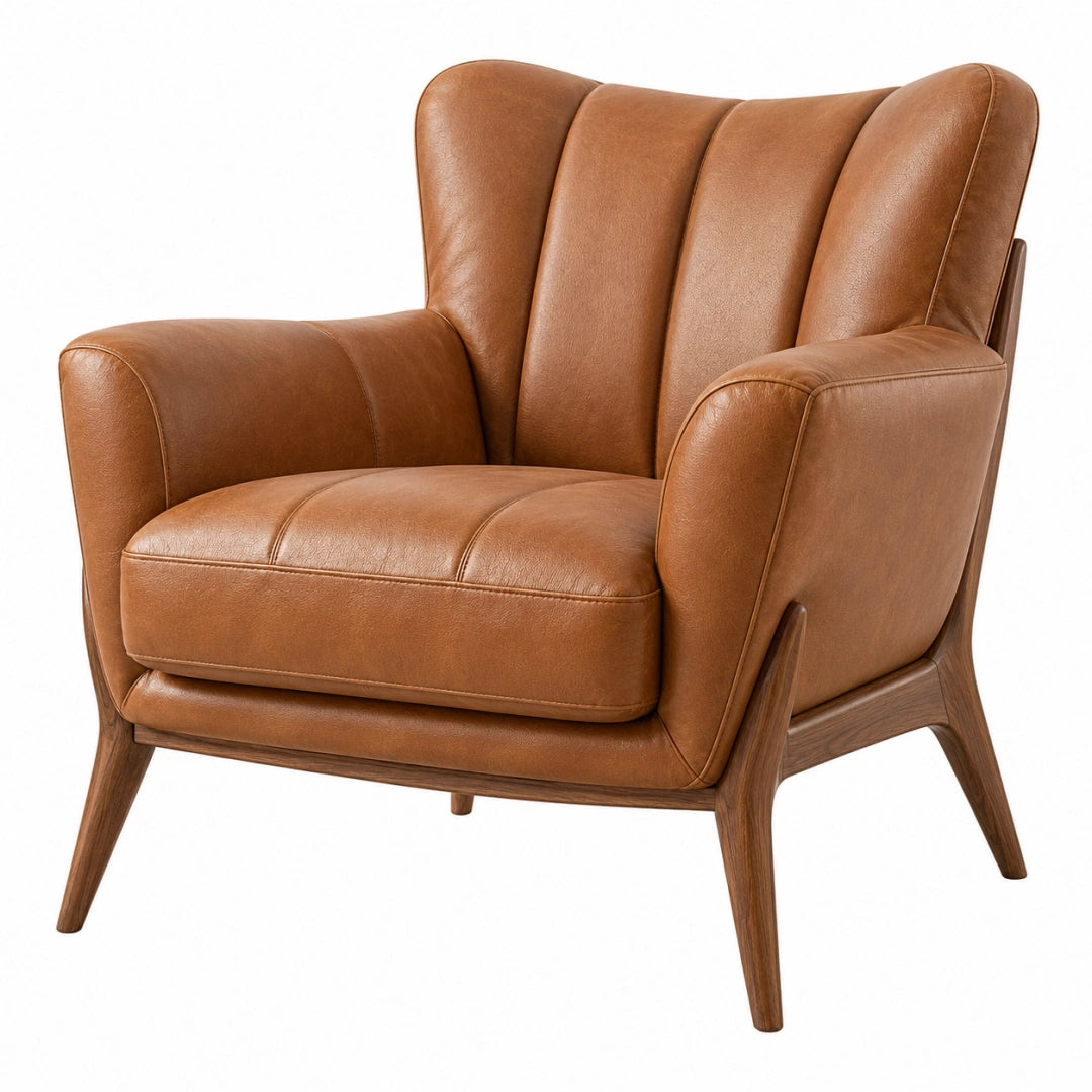 Fauteuil 85 x 90 x 100 cm revêtement aspect cuir marron pieds en bois style rétro - Trandorix