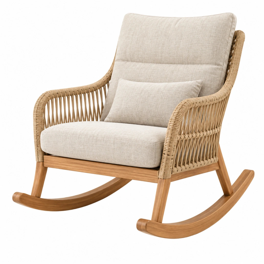 Fauteuil à bascule 75 x 90 x 98 cm en bois rotin beige avec assise rembourrée style naturel - Trandorix