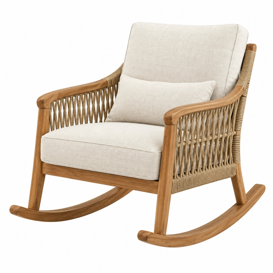 Fauteuil à bascule 92 x 76 x 98 cm en bois beige avec cordage tressé style naturel - Trandorix