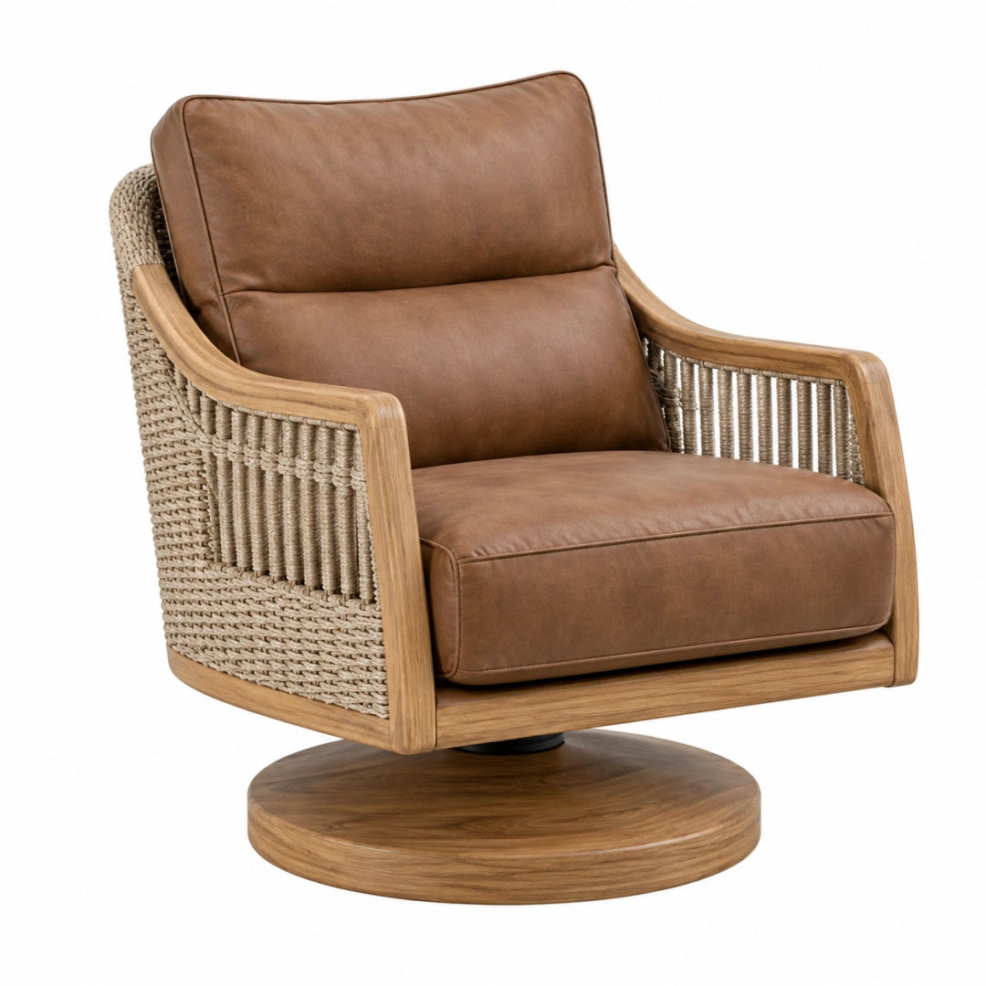 Fauteuil pivotant 78 x 82 x 90 cm aspect cuir marron bois et corde tressée style bohème - Trandorix
