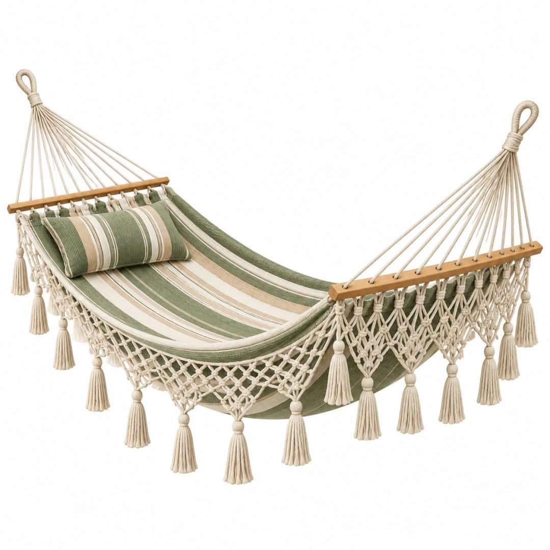 Hamac 200 x 100 cm en coton vert beige avec barres en bois style bohème - Trandorix