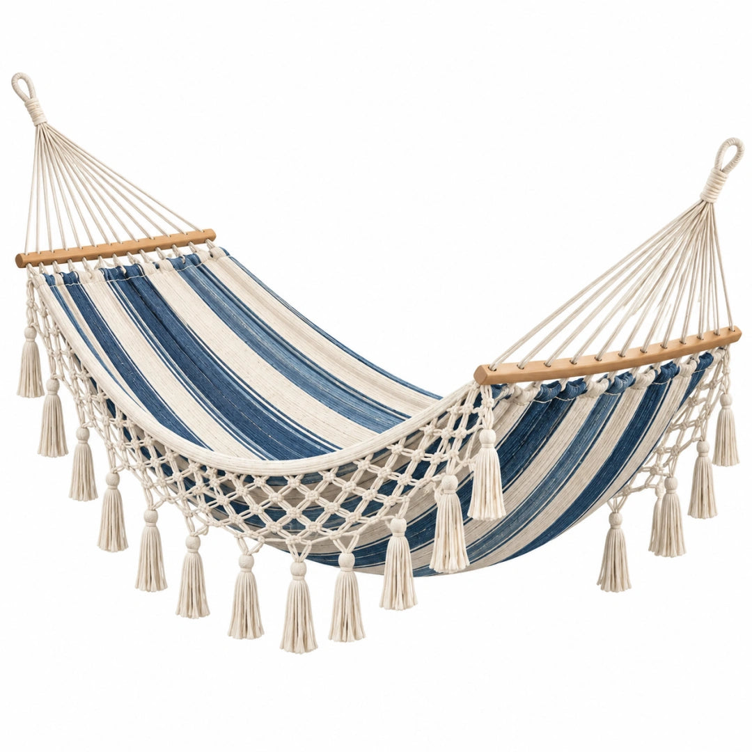Hamac 200 x 100 cm en coton bleu et blanc avec barres en bois style bohème - Trandorix