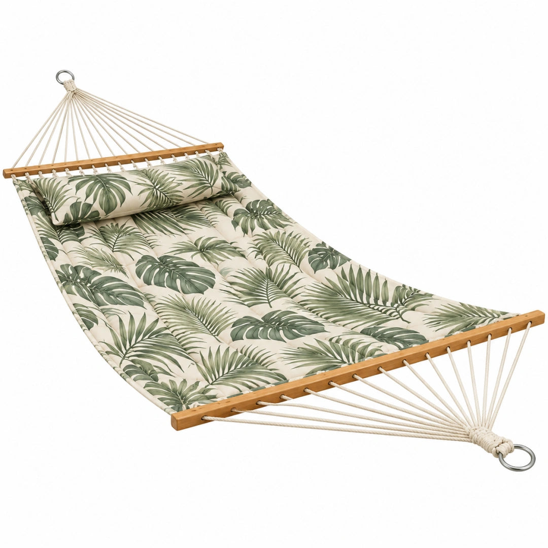 Hamac 280 x 100 x 120 cm en toile coton polyester vert beige avec barres en bois style tropical pour jardin - Trandorix