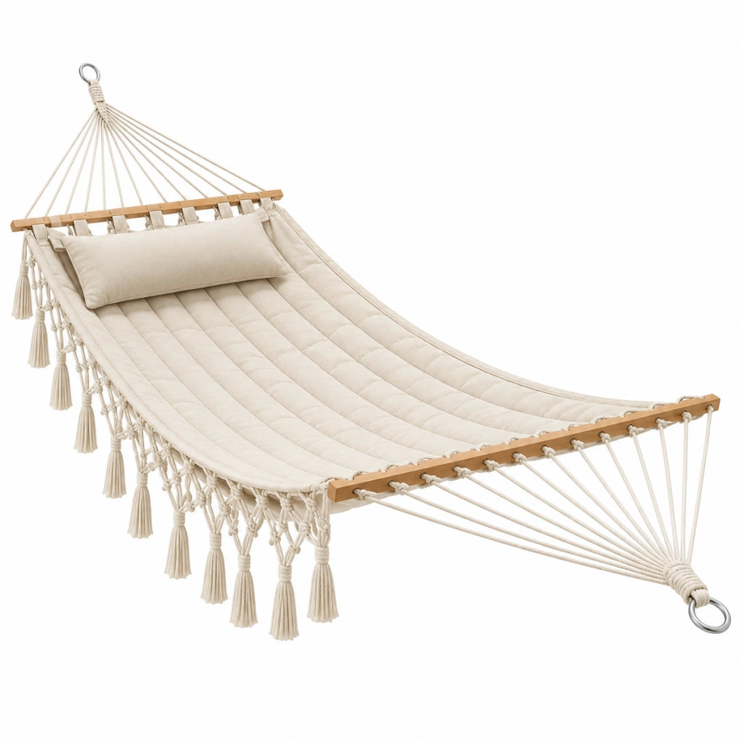 Hamac 300 x 100 x 120 cm en textile écru avec bois pour jardin style bohème - Trandorix