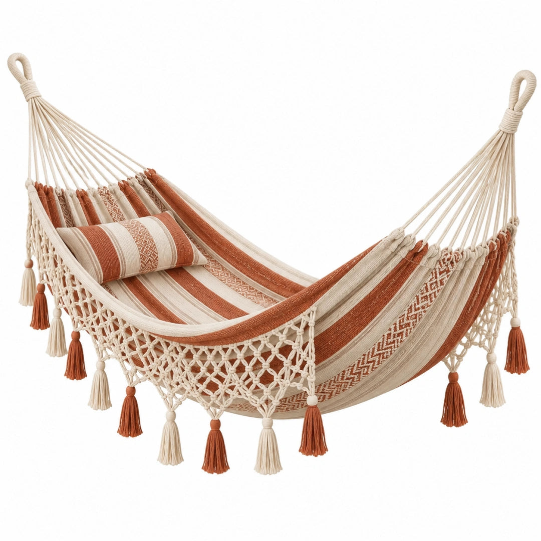 Hamac en coton 200 x 100 cm terracotta et beige style bohème - Trandorix