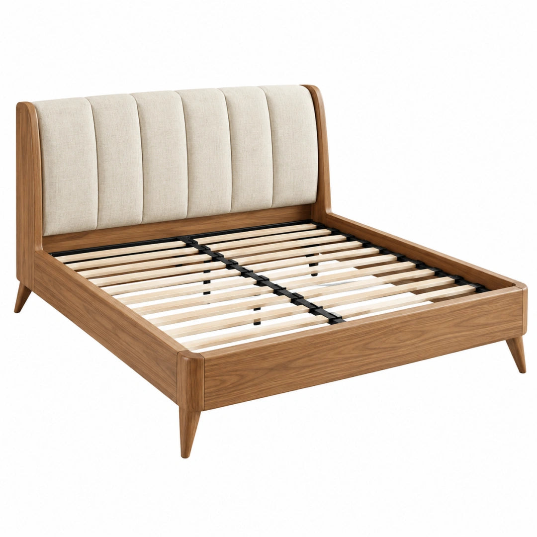 Lit double 160 x 200 cm en bois brun avec tête de lit capitonnée beige - Style contemporain - Trandorix