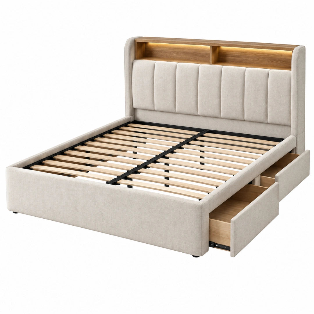 Lit double 160 x 200 cm en tissu beige et bois avec rangement et tête de lit éclairée - Trandorix