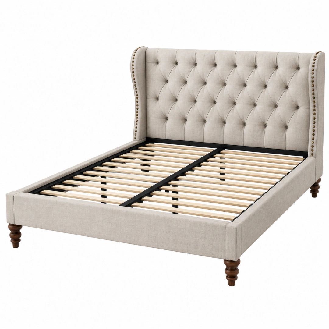 Lit double 180 x 200 cm en tissu beige capitonné avec sommier à lattes style classique - Trandorix