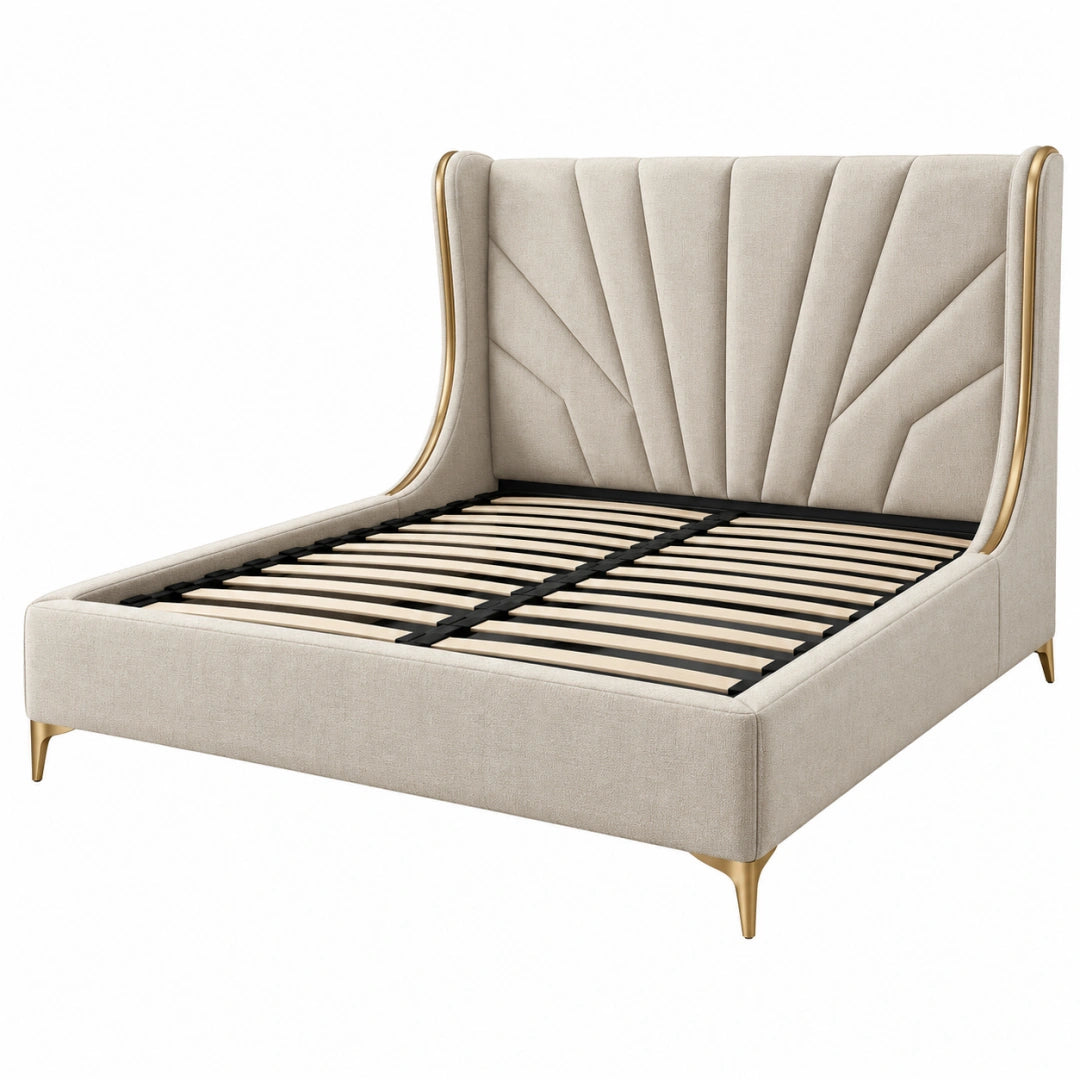 Lit 160 x 200 cm en tissu beige avec sommier à lattes style contemporain - Trandorix