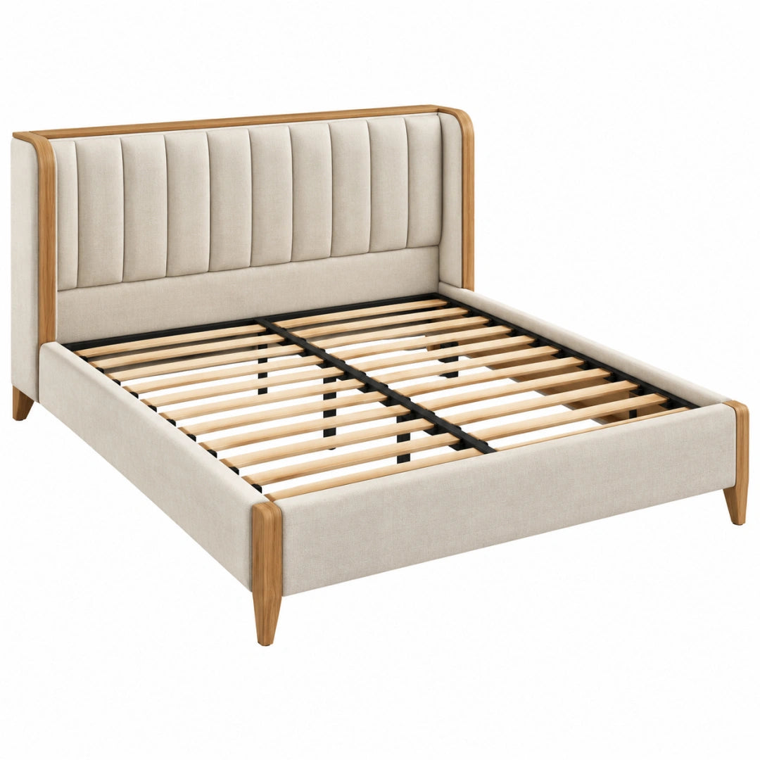 Lit 160 x 200 cm en tissu beige et bois avec sommier à lattes style contemporain - Trandorix