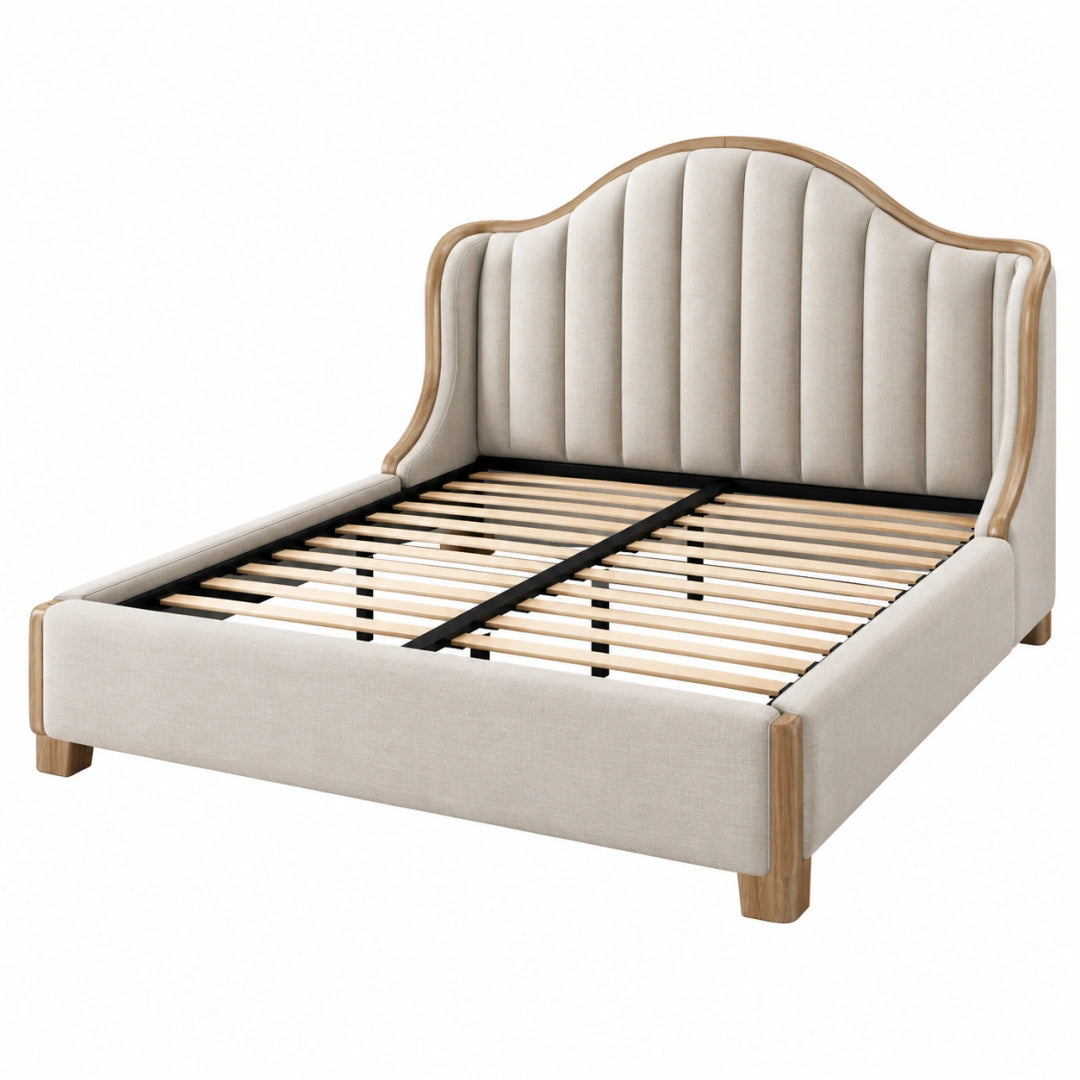 Lit double 160x200 cm en tissu beige et bois avec tête de lit capitonnée - Trandorix