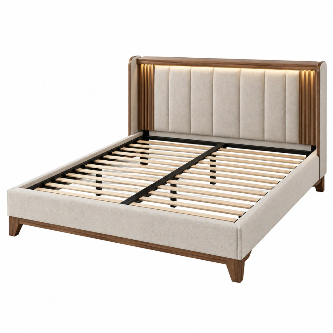 Lit double 160 x 200 cm en tissu beige et bois noyer avec sommier à lattes éclairé - Trandorix