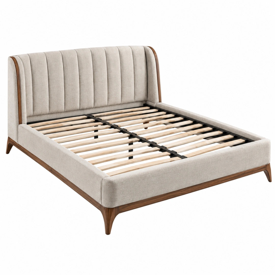 Lit double 160 x 200 cm en tissu beige et bois noyer avec sommier à lattes style contemporain - Trandorix