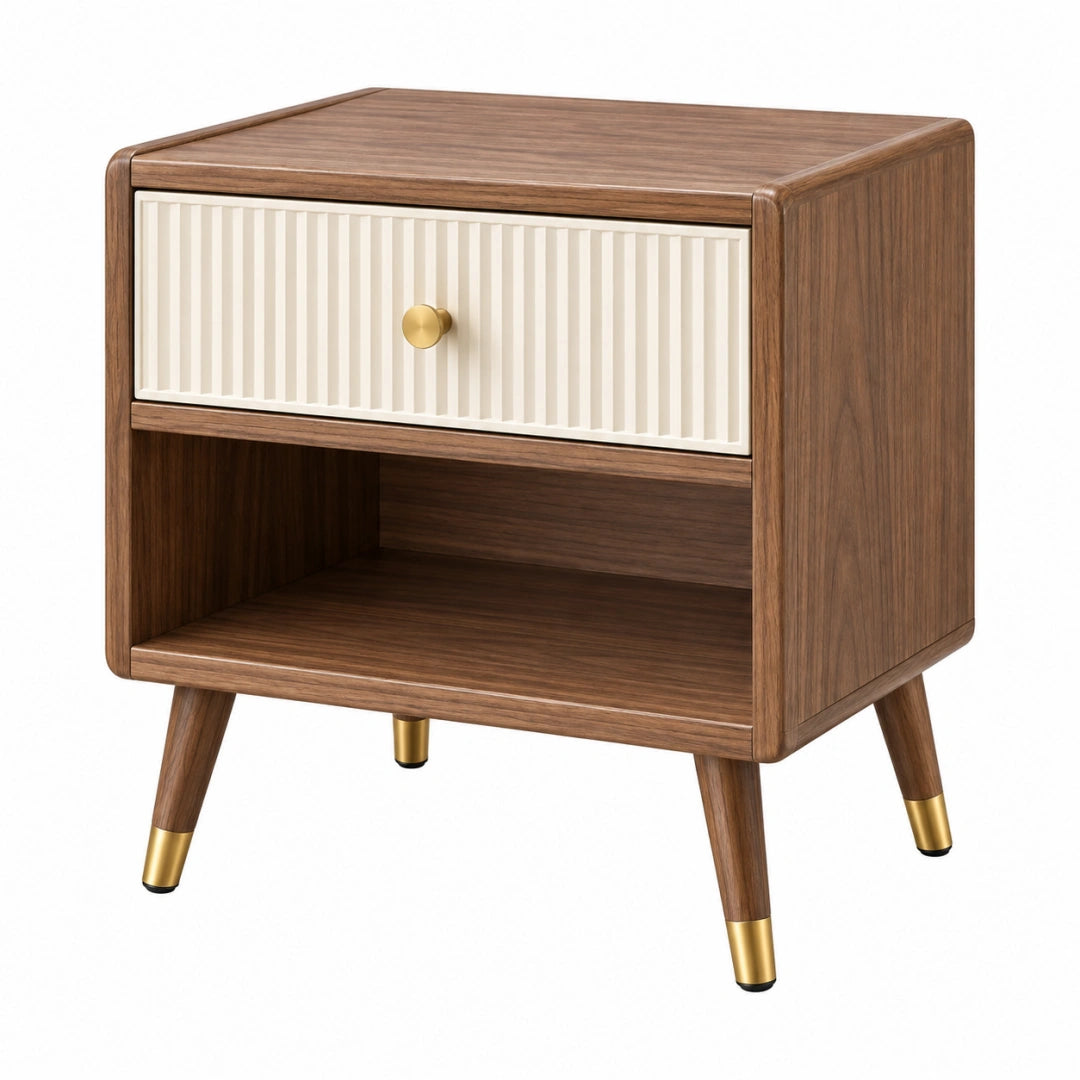Table de chevet 45 x 40 x 55 cm effet noyer crème et doré avec tiroir style rétro - Trandorix