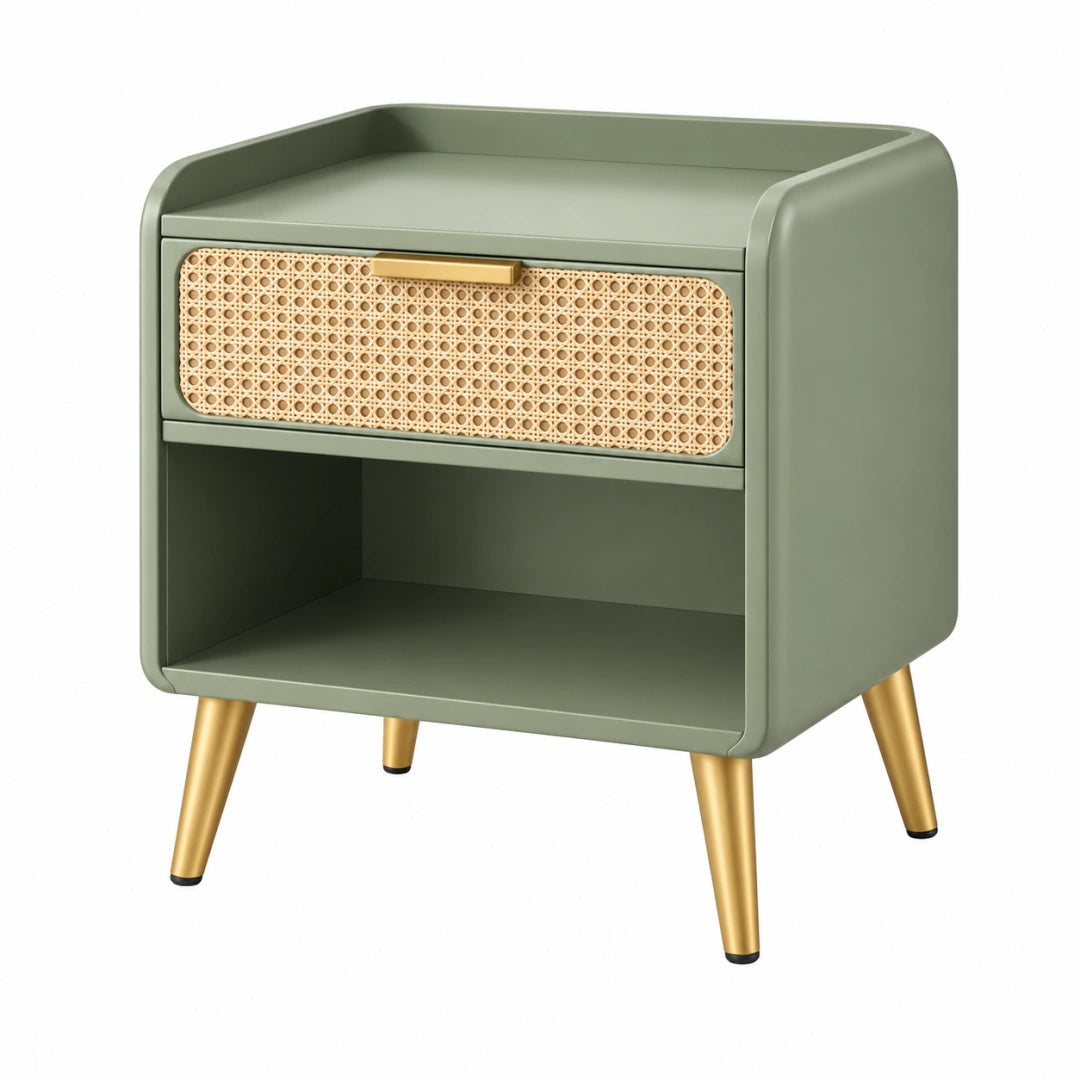 Table de chevet 45 x 40 x 55 cm en bois vert avec tiroir en cannage style rétro - Trandorix
