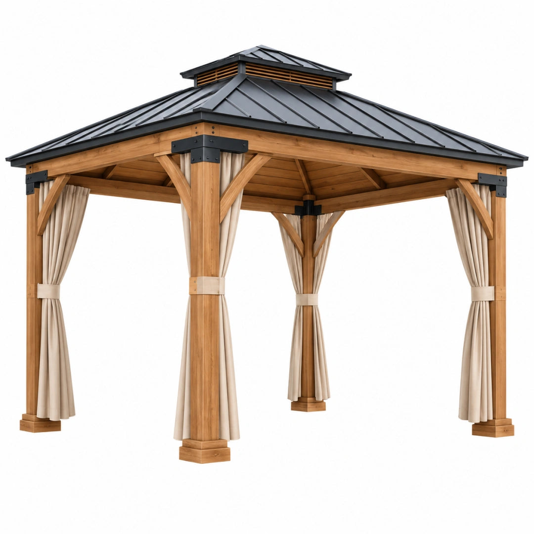 Tonnelle de jardin 300 x 300 x 300 cm en bois avec toit métallique et rideaux - Trandorix