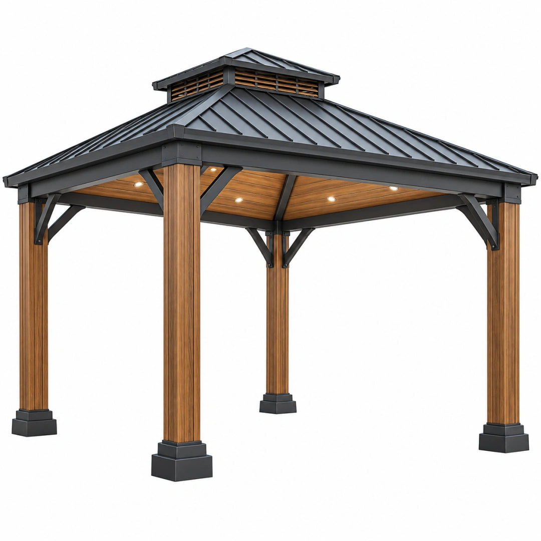 Gazebo 300 x 300 cm aluminium noir marron toit métallique éclairage intégré jardin - Trandorix