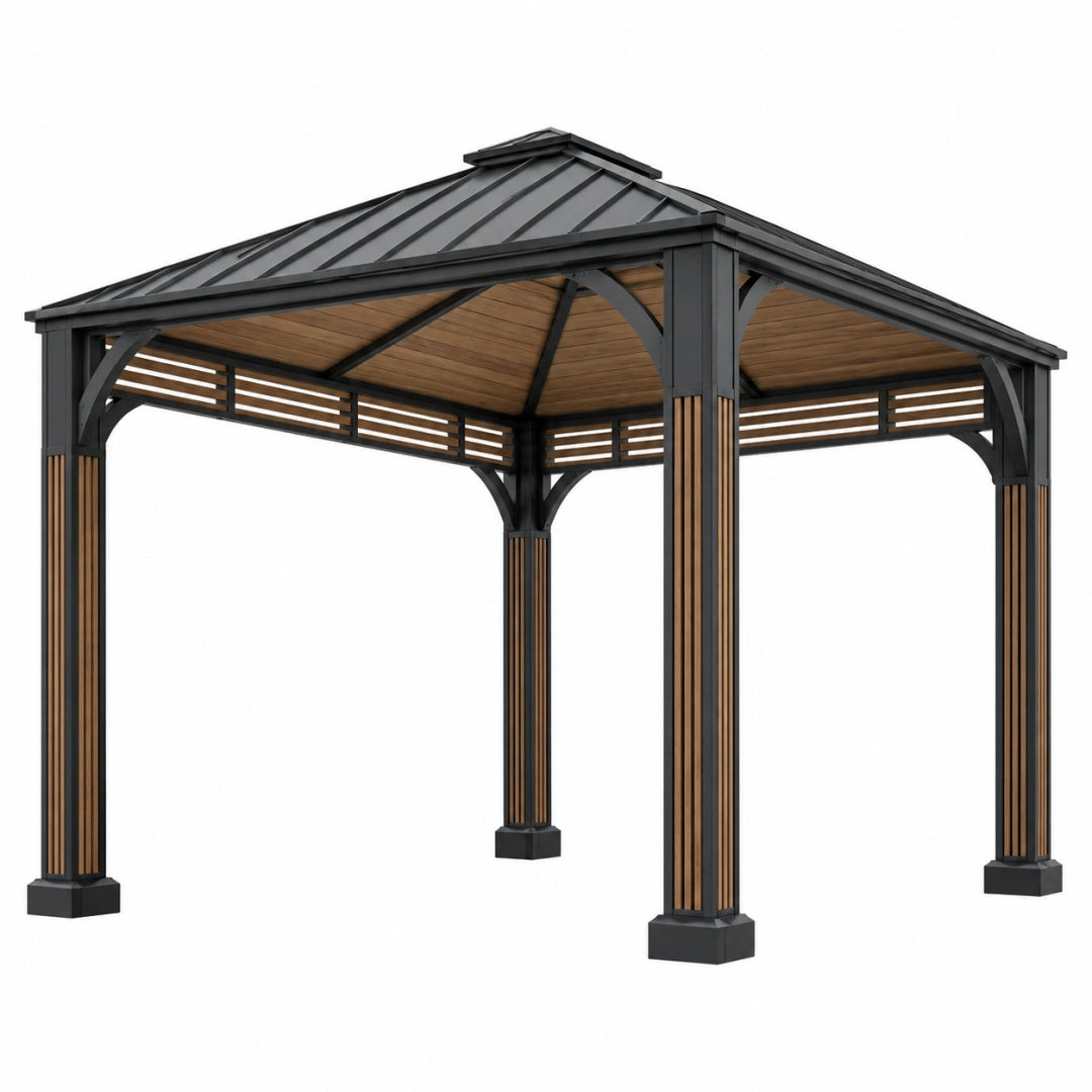Pavillon de jardin 300 x 300 x 270 cm en métal noir et bois avec toit rigide - Trandorix