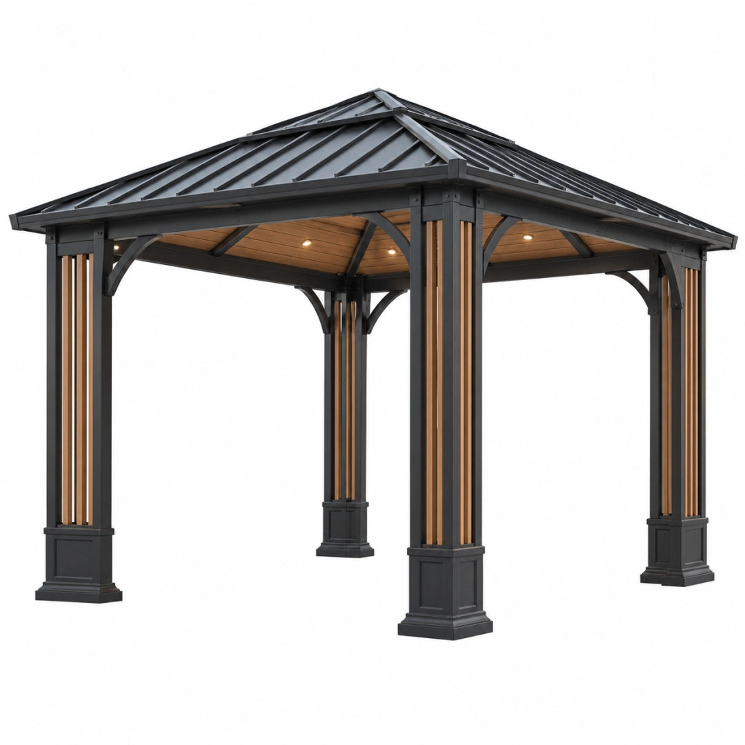 Pavillon de jardin 300 x 300 x 300 cm en métal noir et bois décoratif style classique - Trandorix