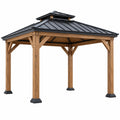 Tonnelle de jardin 300 x 300 x 320 cm en bois et métal marron noir avec toit pyramidal - Trandorix
