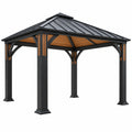 Tonnelle de jardin 300 cm x 300 cm en métal noir et bois style moderne avec toit rigide - Trandorix