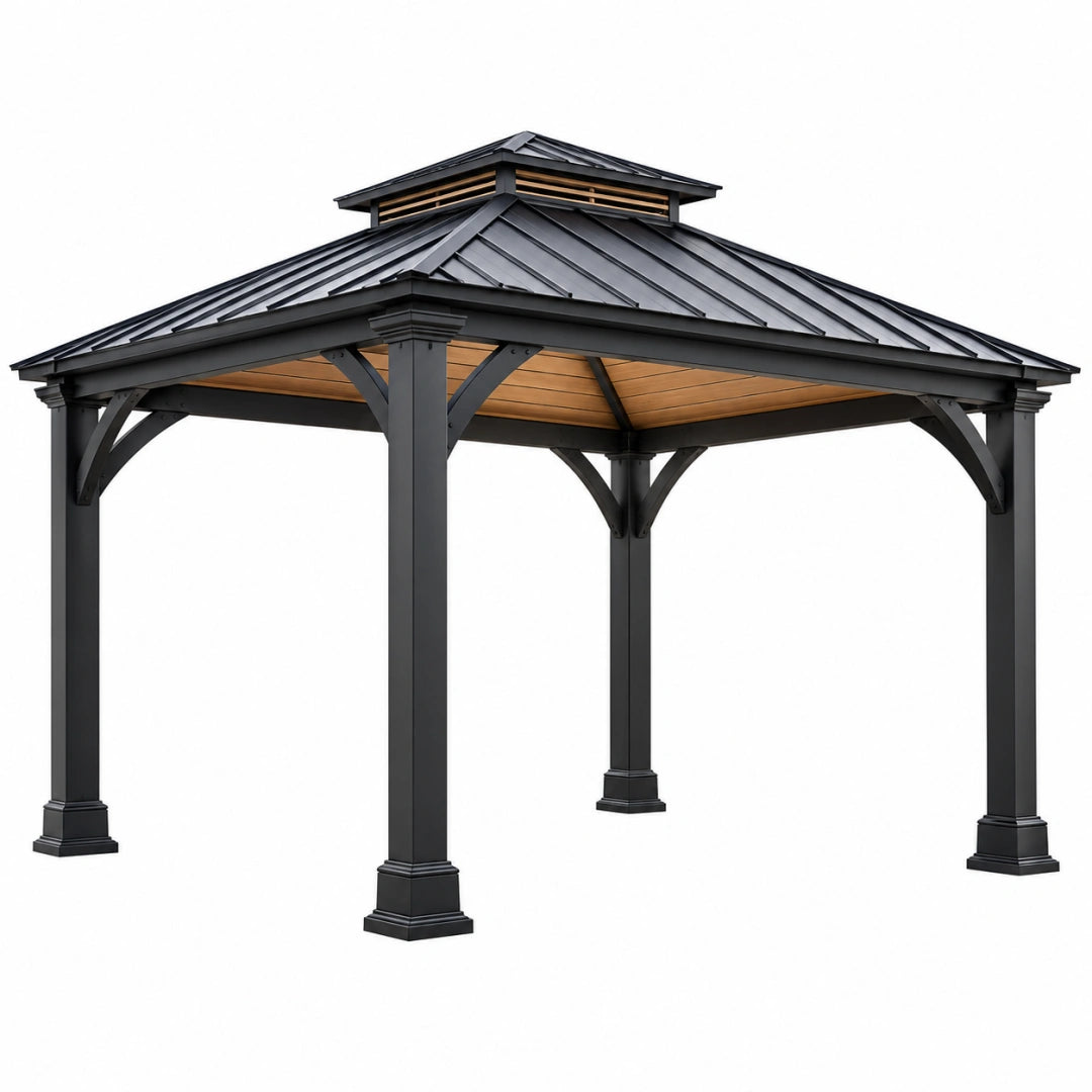 Tonnelle de jardin 400 x 300 cm en acier noir avec toit rigide - Trandorix