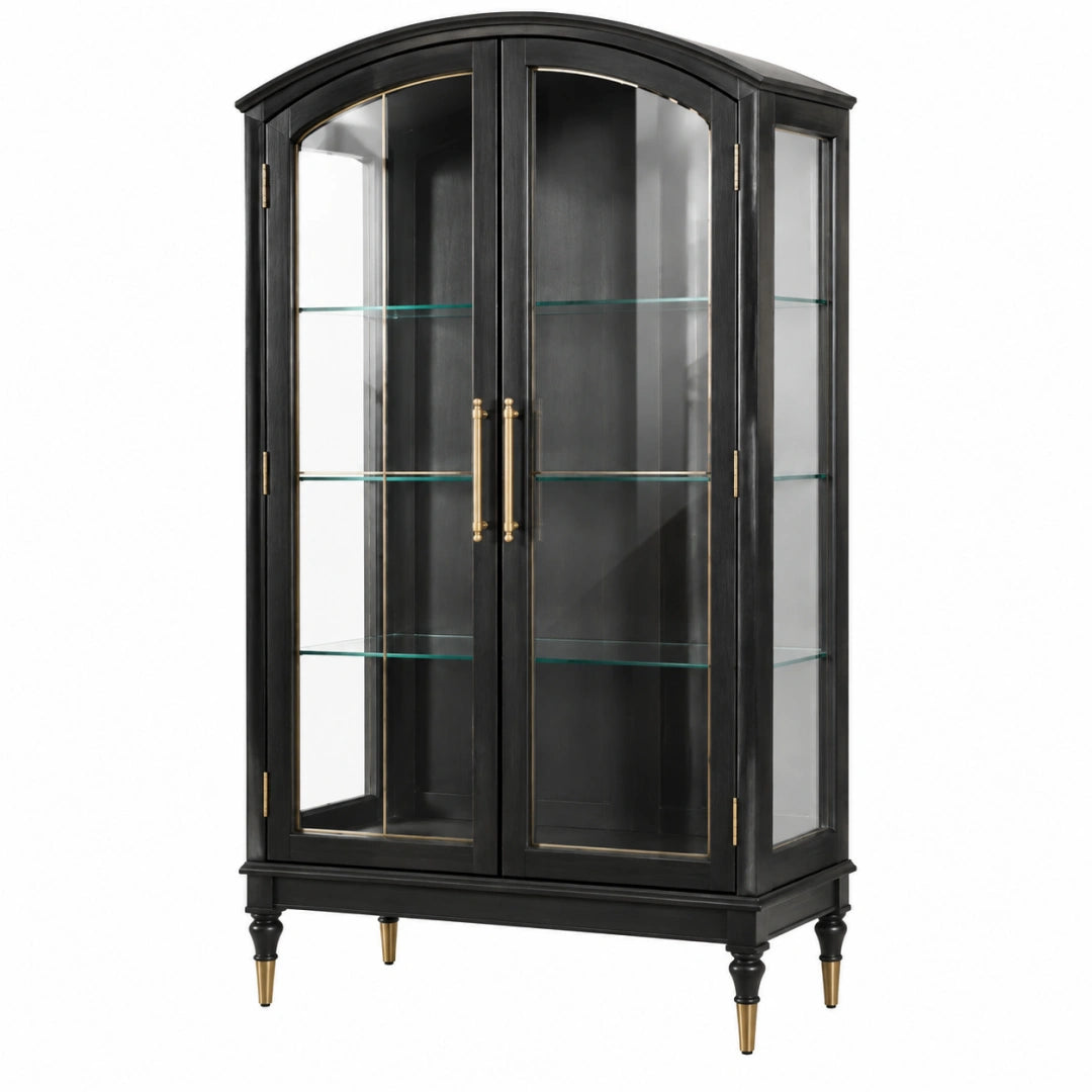 Vitrine 90 x 45 x 180 cm en bois noir et verre avec portes vitrées style classique - Trandorix