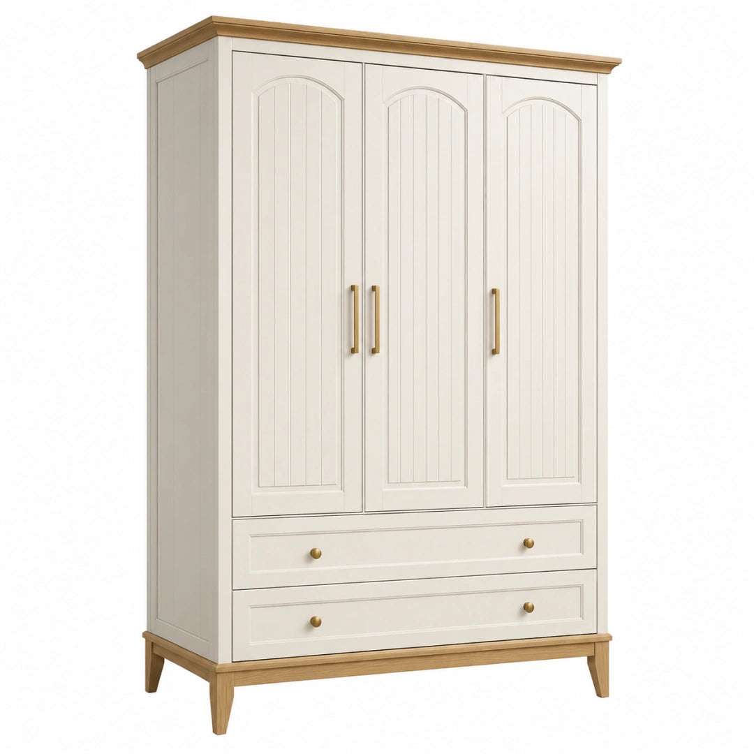 Armoire 3 portes 150 x 60 x 200 cm blanc et bois rangement style campagne - Trandorix