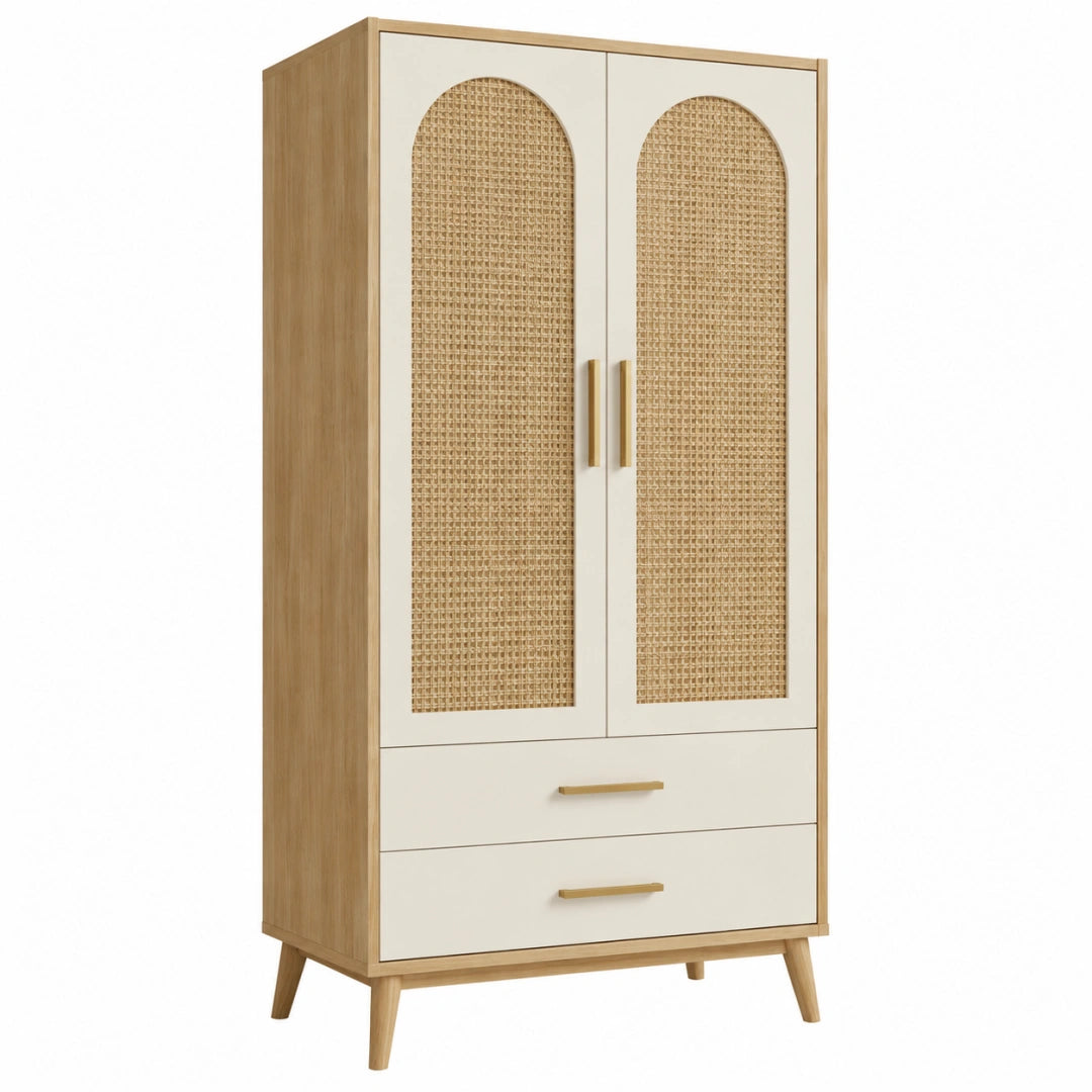 Armoire 90 x 50 x 180 cm en bois beige avec cannage style bohème - Trandorix