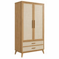 Armoire de rangement 80 x 45 x 180 cm en bois naturel beige avec portes effet cannage style bohème - Trandorix
