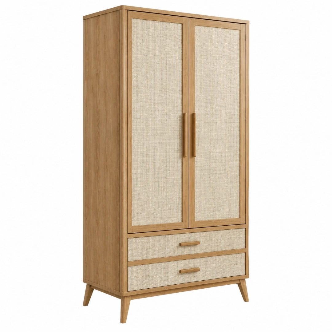Armoire de rangement 80 x 45 x 180 cm en bois naturel beige avec portes effet cannage style bohème - Trandorix