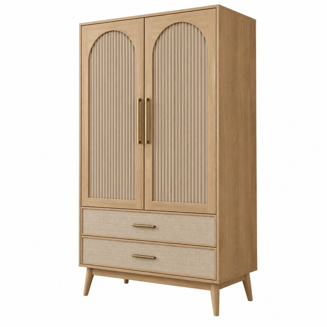 Armoire de rangement 90 x 45 x 180 cm en bois beige à 2 portes et 2 tiroirs style rétro - Trandorix